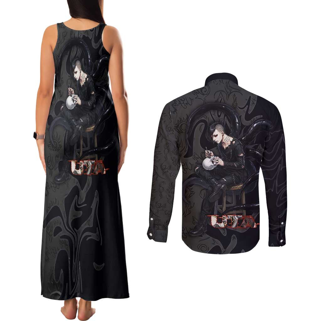 Uta Tokyo Ghoul Couples Matching Tank Maxi Dress and Long Sleeve Button Shirt Dark Urban Tattoo Style with Oni Mask Elements