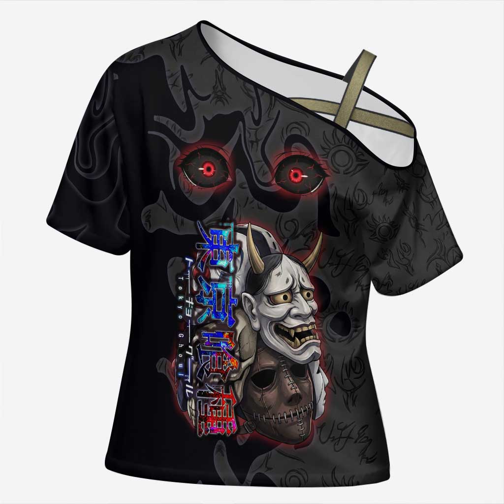 Uta Tokyo Ghoul Cross Shoulder Shirt Dark Urban Tattoo Style with Oni Mask Elements
