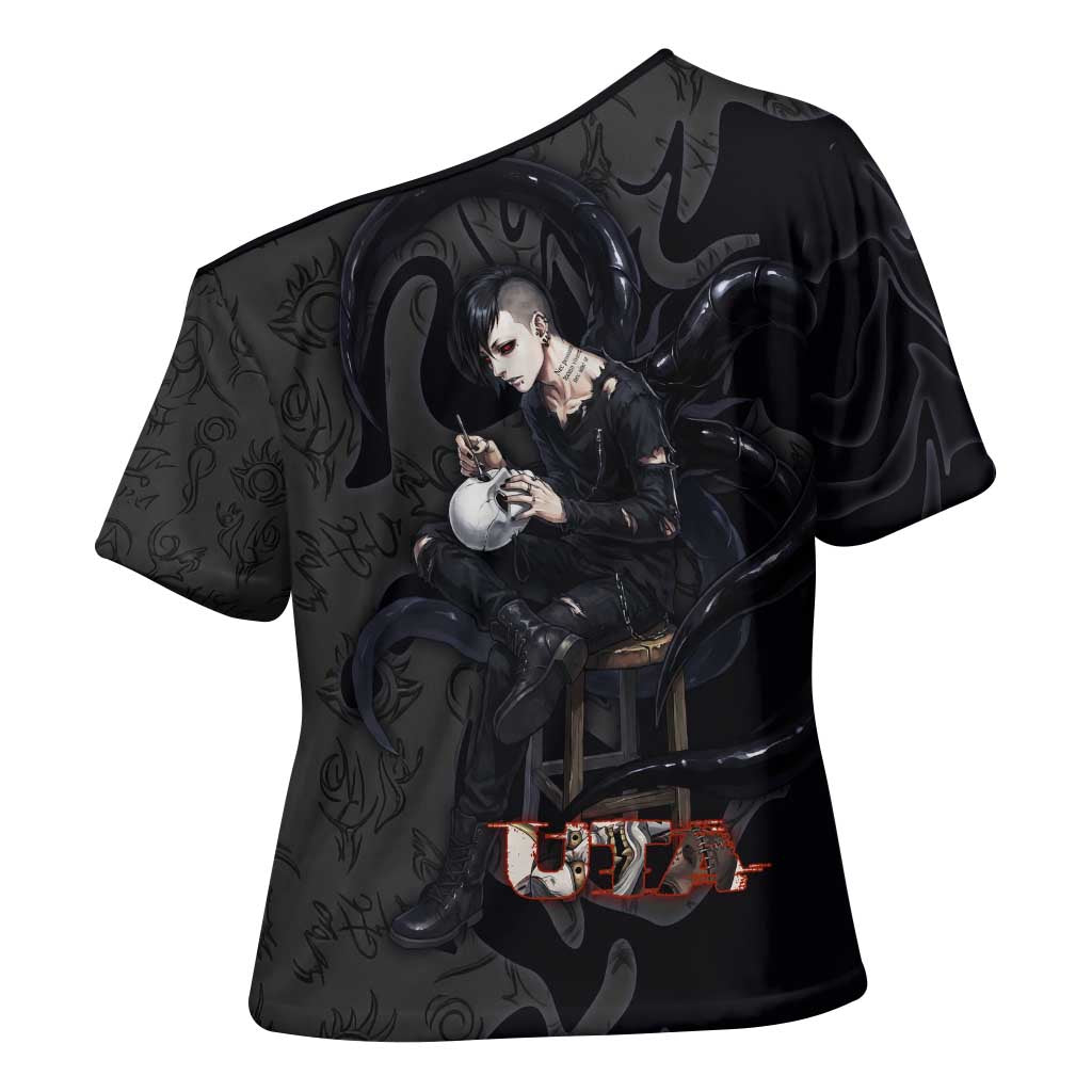 Uta Tokyo Ghoul Cross Shoulder Shirt Dark Urban Tattoo Style with Oni Mask Elements