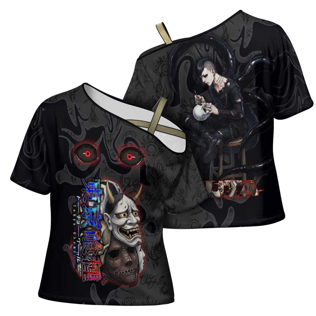 Uta Tokyo Ghoul Cross Shoulder Shirt Dark Urban Tattoo Style with Oni Mask Elements
