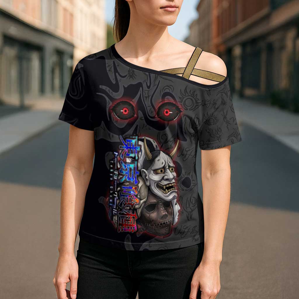 Uta Tokyo Ghoul Cross Shoulder Shirt Dark Urban Tattoo Style with Oni Mask Elements