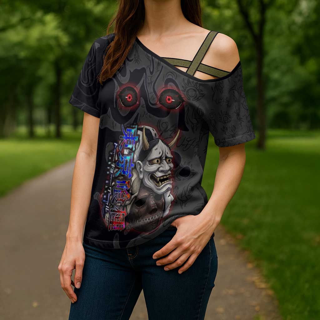 Uta Tokyo Ghoul Cross Shoulder Shirt Dark Urban Tattoo Style with Oni Mask Elements