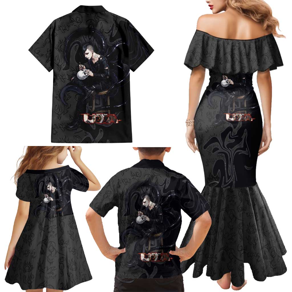 Uta Tokyo Ghoul Family Matching Mermaid Dress and Hawaiian Shirt Dark Urban Tattoo Style with Oni Mask Elements