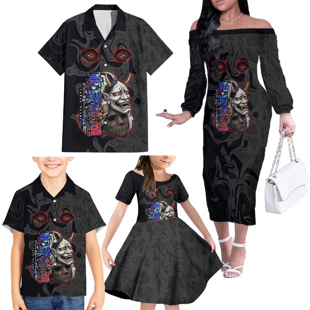 Uta Tokyo Ghoul Family Matching Off The Shoulder Long Sleeve Dress and Hawaiian Shirt Dark Urban Tattoo Style with Oni Mask Elements