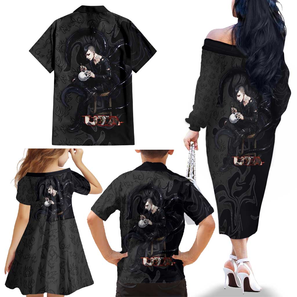 Uta Tokyo Ghoul Family Matching Off The Shoulder Long Sleeve Dress and Hawaiian Shirt Dark Urban Tattoo Style with Oni Mask Elements