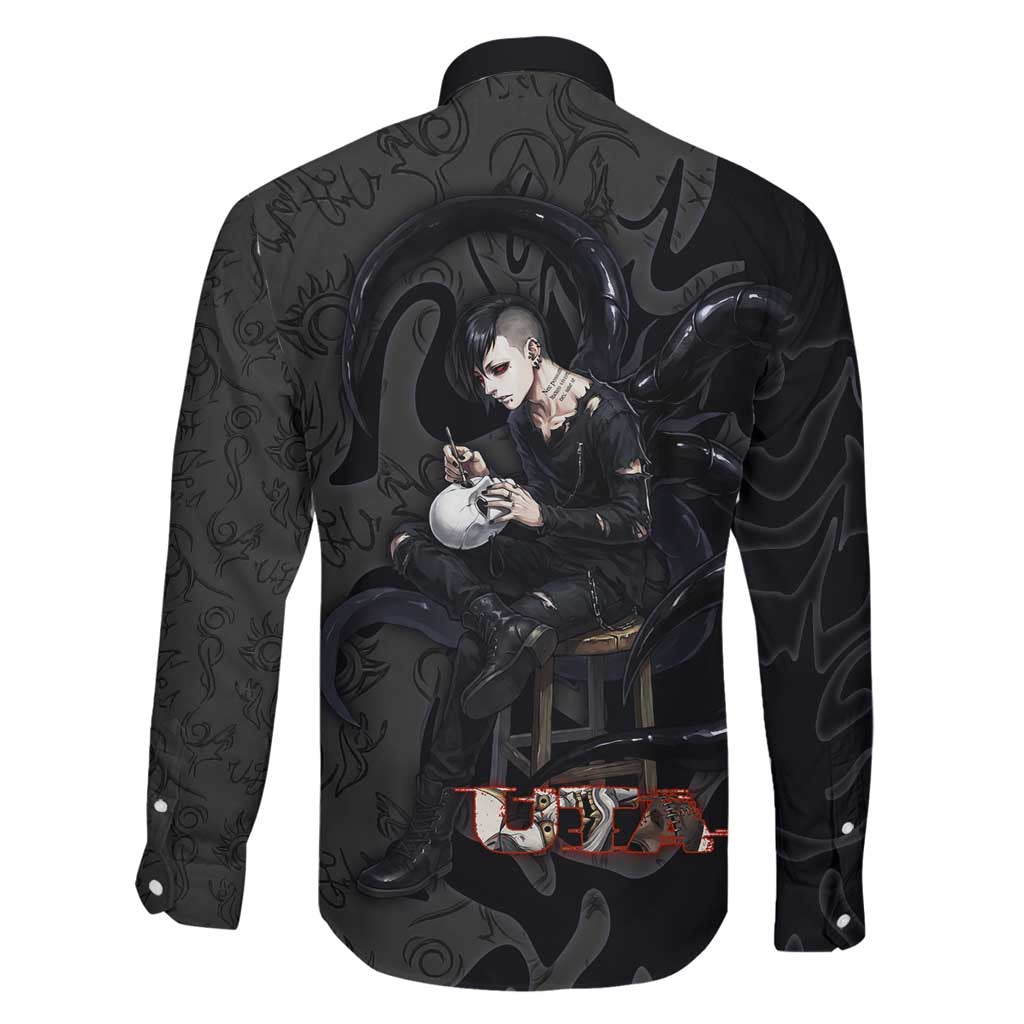 Uta Tokyo Ghoul Family Matching Off The Shoulder Long Sleeve Dress and Hawaiian Shirt Dark Urban Tattoo Style with Oni Mask Elements