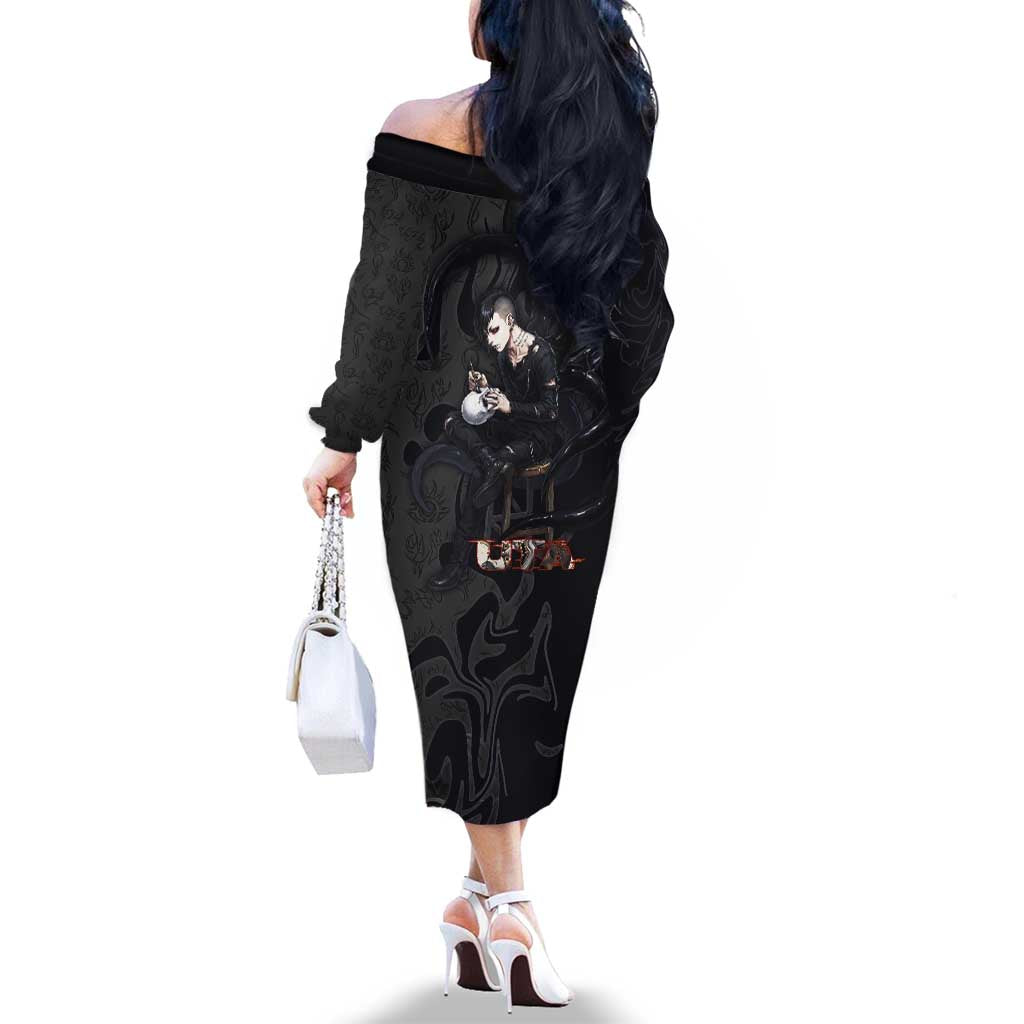 Uta Tokyo Ghoul Family Matching Off The Shoulder Long Sleeve Dress and Hawaiian Shirt Dark Urban Tattoo Style with Oni Mask Elements