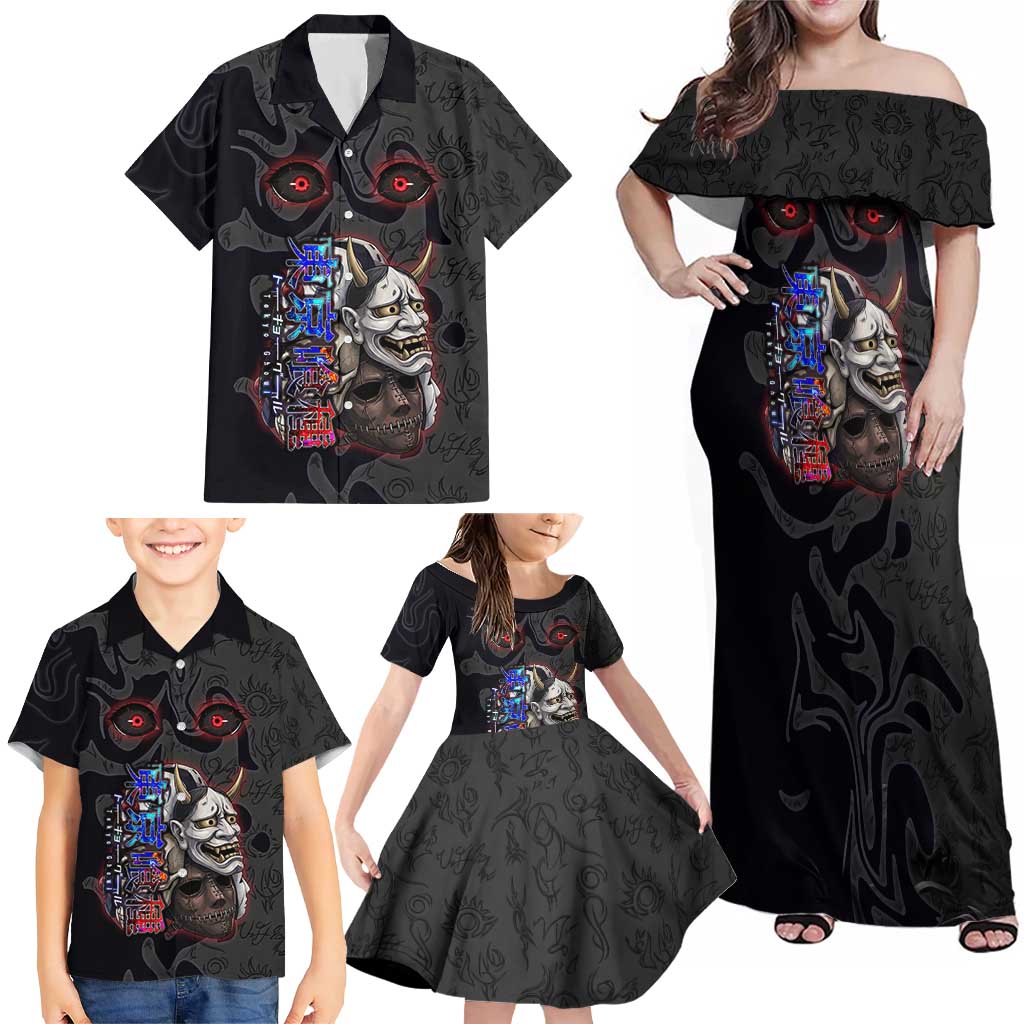 Uta Tokyo Ghoul Family Matching Off Shoulder Maxi Dress and Hawaiian Shirt Dark Urban Tattoo Style with Oni Mask Elements