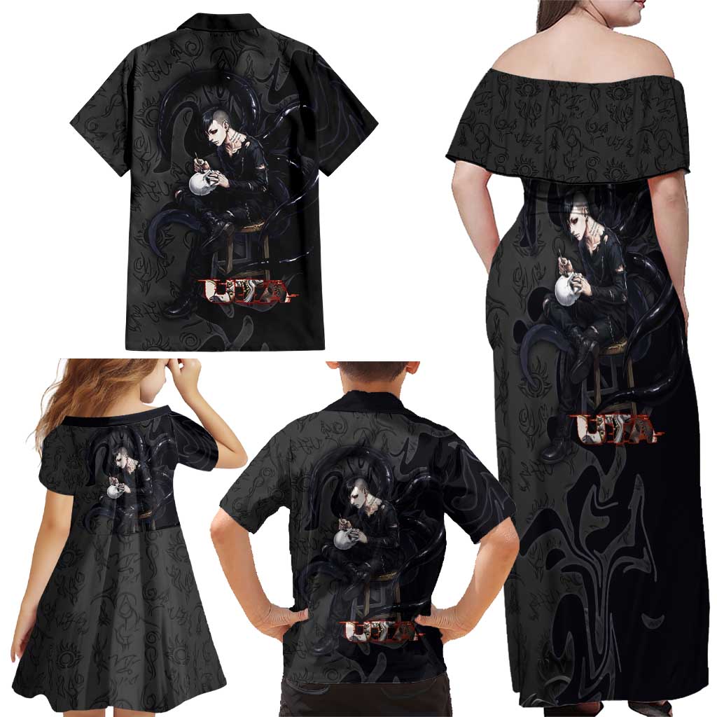 Uta Tokyo Ghoul Family Matching Off Shoulder Maxi Dress and Hawaiian Shirt Dark Urban Tattoo Style with Oni Mask Elements