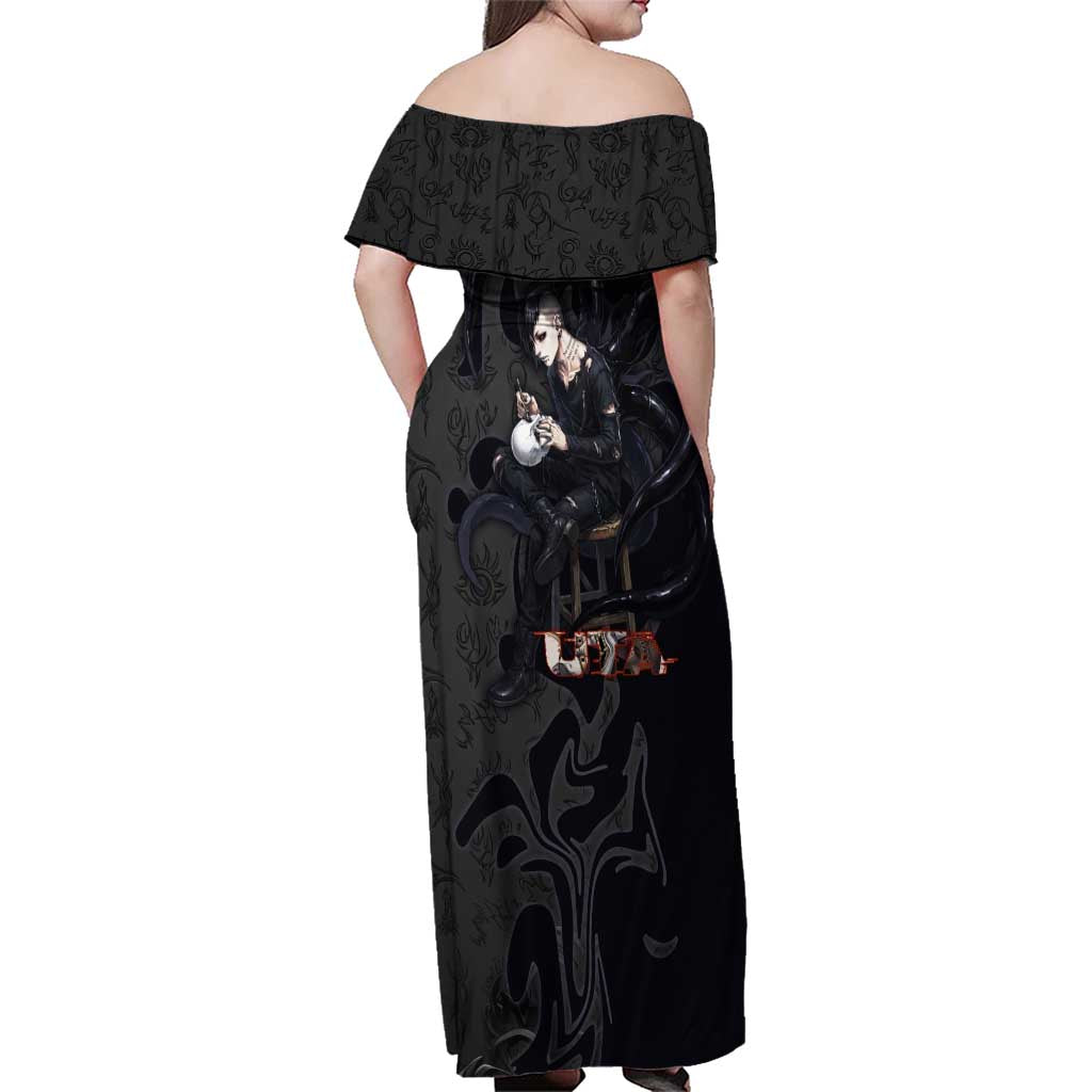 Uta Tokyo Ghoul Family Matching Off Shoulder Maxi Dress and Hawaiian Shirt Dark Urban Tattoo Style with Oni Mask Elements