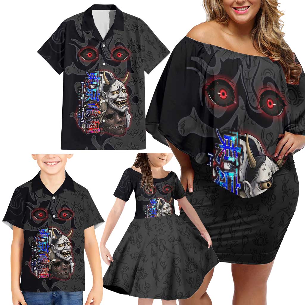 Uta Tokyo Ghoul Family Matching Off Shoulder Short Dress and Hawaiian Shirt Dark Urban Tattoo Style with Oni Mask Elements