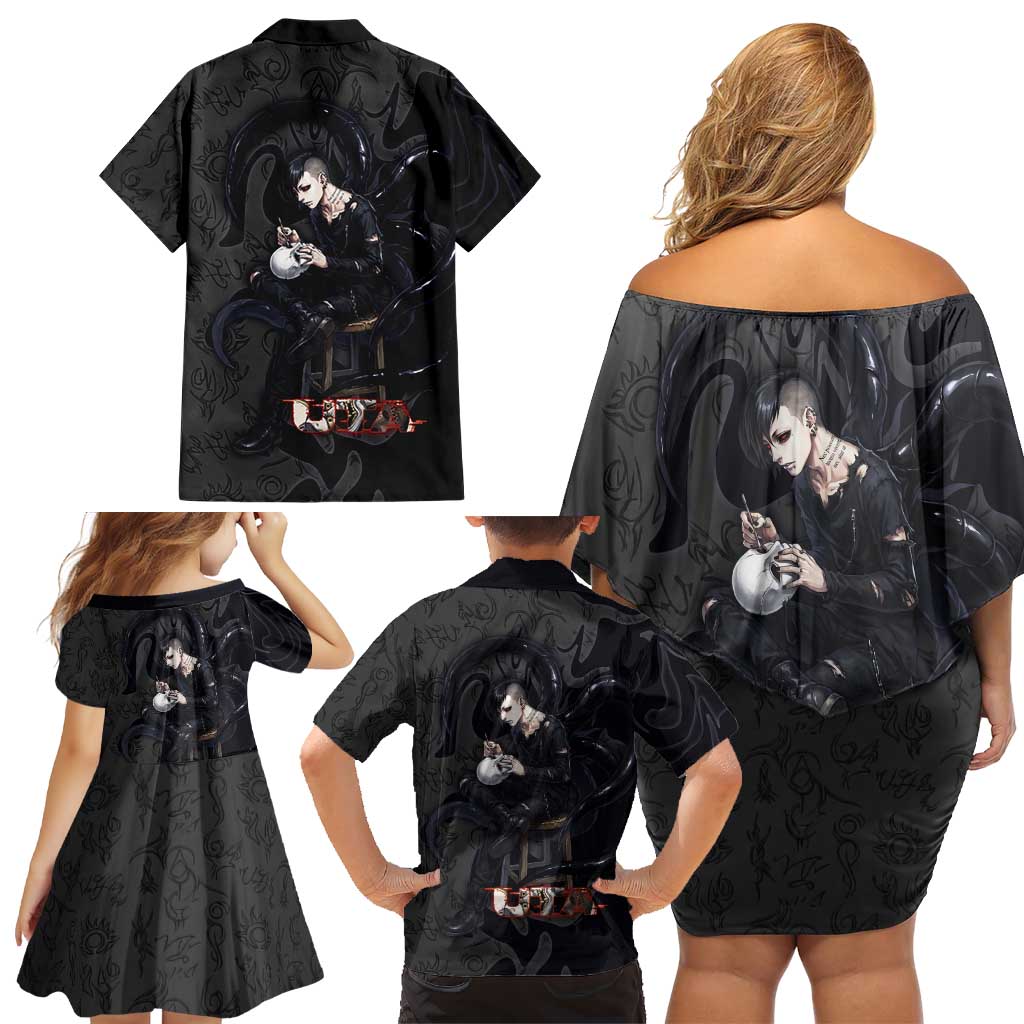 Uta Tokyo Ghoul Family Matching Off Shoulder Short Dress and Hawaiian Shirt Dark Urban Tattoo Style with Oni Mask Elements
