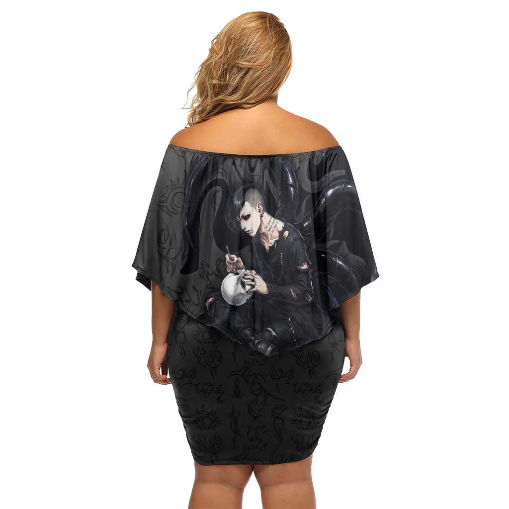 Uta Tokyo Ghoul Family Matching Off Shoulder Short Dress and Hawaiian Shirt Dark Urban Tattoo Style with Oni Mask Elements