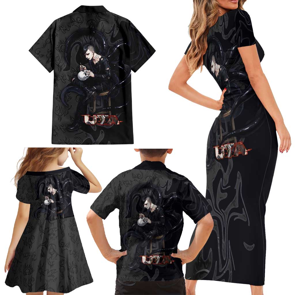 Uta Tokyo Ghoul Family Matching Short Sleeve Bodycon Dress and Hawaiian Shirt Dark Urban Tattoo Style with Oni Mask Elements