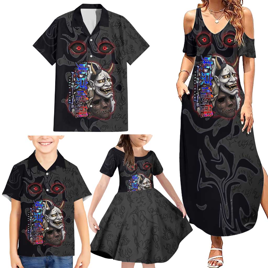 Uta Tokyo Ghoul Family Matching Summer Maxi Dress and Hawaiian Shirt Dark Urban Tattoo Style with Oni Mask Elements