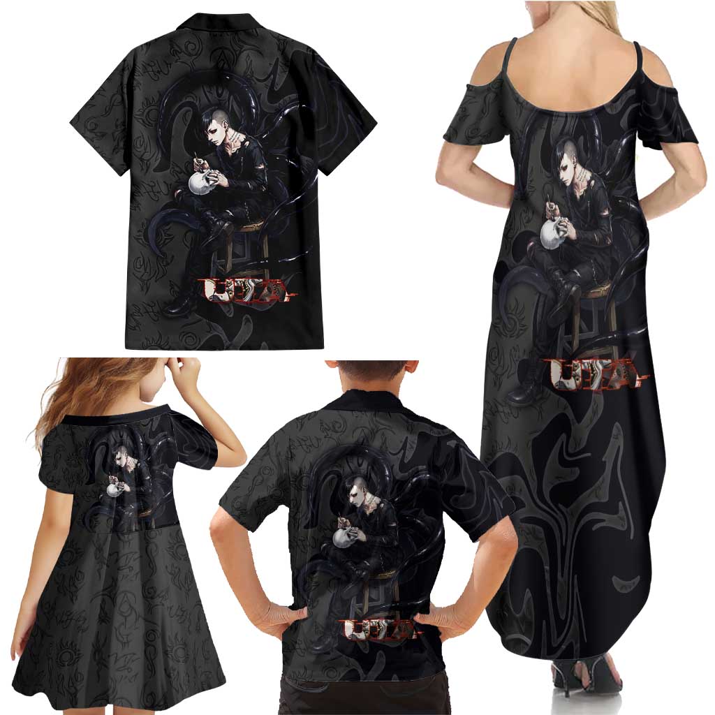 Uta Tokyo Ghoul Family Matching Summer Maxi Dress and Hawaiian Shirt Dark Urban Tattoo Style with Oni Mask Elements