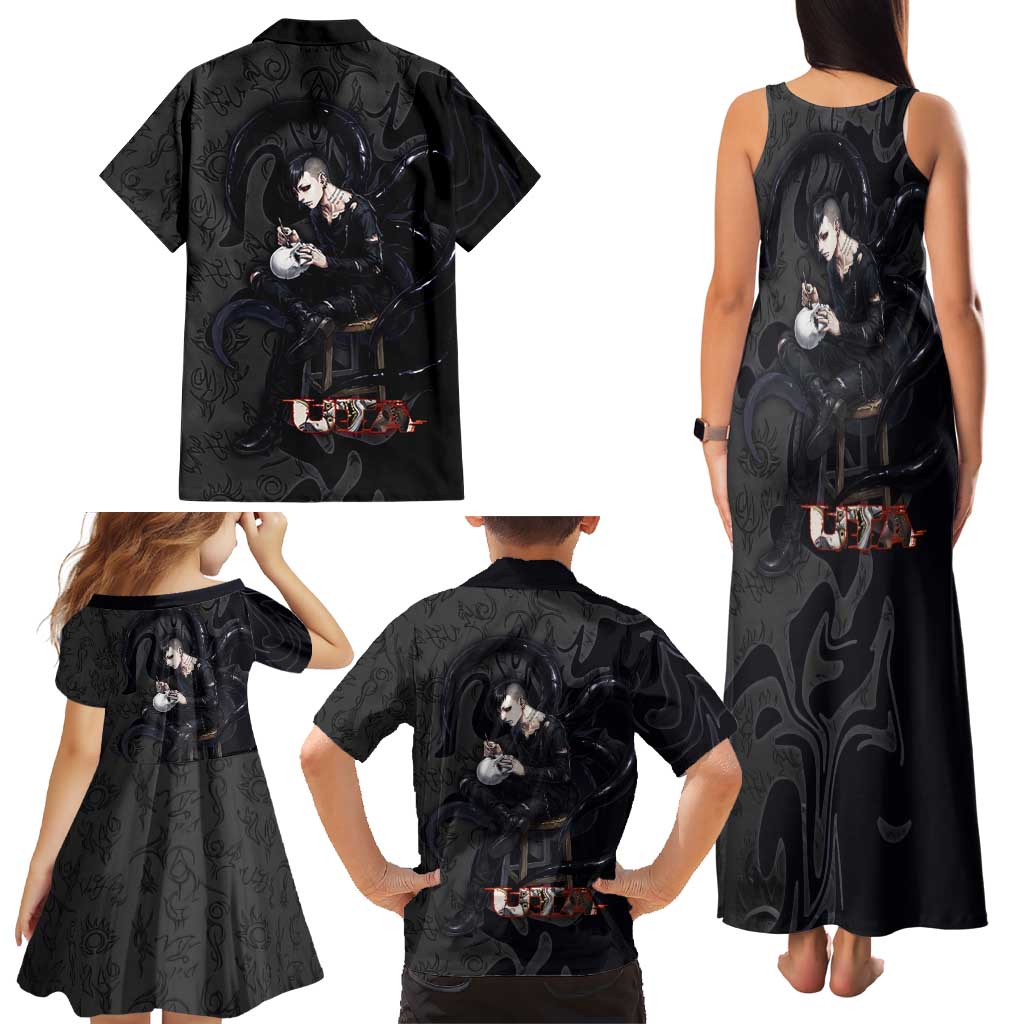 Uta Tokyo Ghoul Family Matching Tank Maxi Dress and Hawaiian Shirt Dark Urban Tattoo Style with Oni Mask Elements