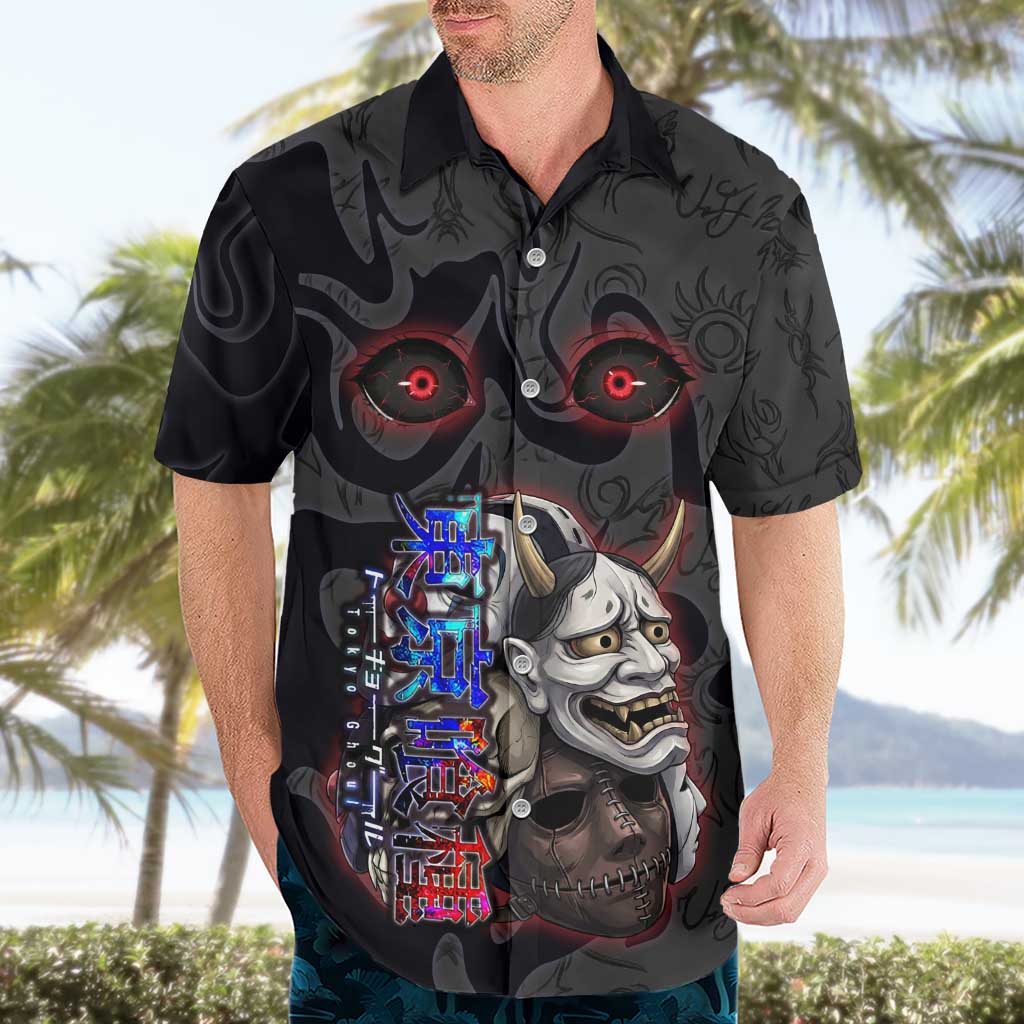 Uta Tokyo Ghoul Hawaiian Shirt Dark Urban Tattoo Style with Oni Mask Elements