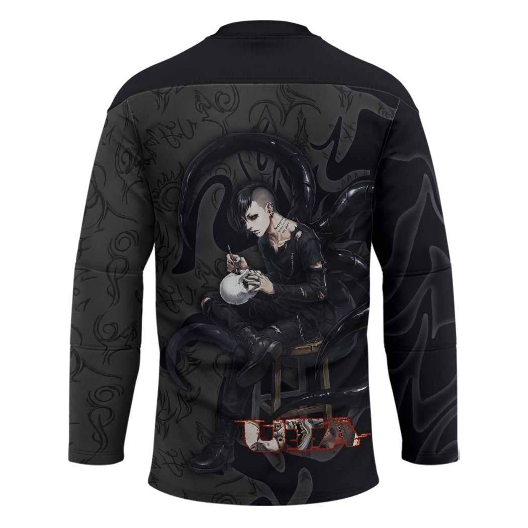 Uta Tokyo Ghoul Hockey Jersey Dark Urban Tattoo Style with Oni Mask Elements