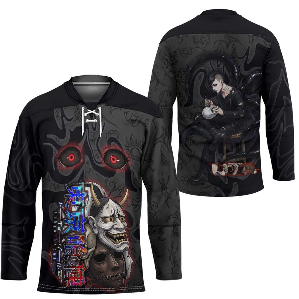 Uta Tokyo Ghoul Hockey Jersey Dark Urban Tattoo Style with Oni Mask Elements