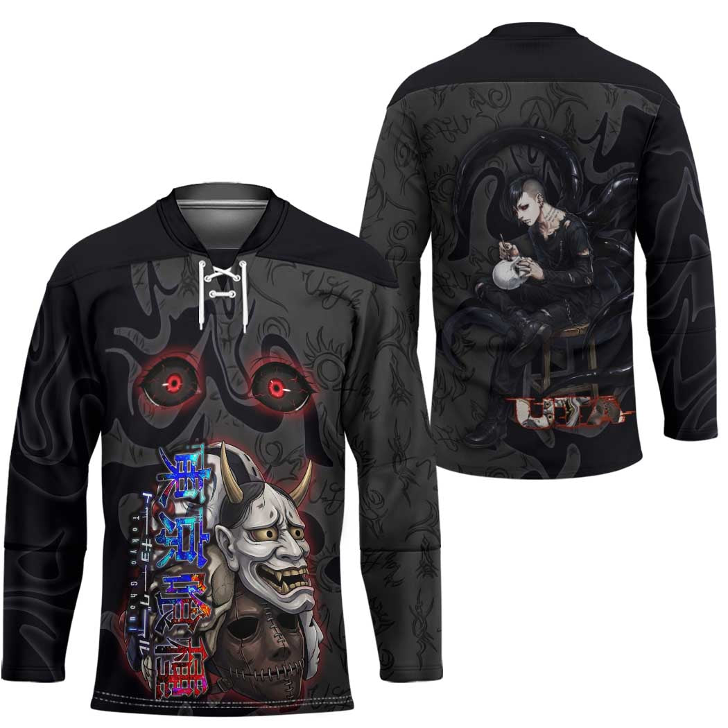 Uta Tokyo Ghoul Hockey Jersey Dark Urban Tattoo Style with Oni Mask Elements