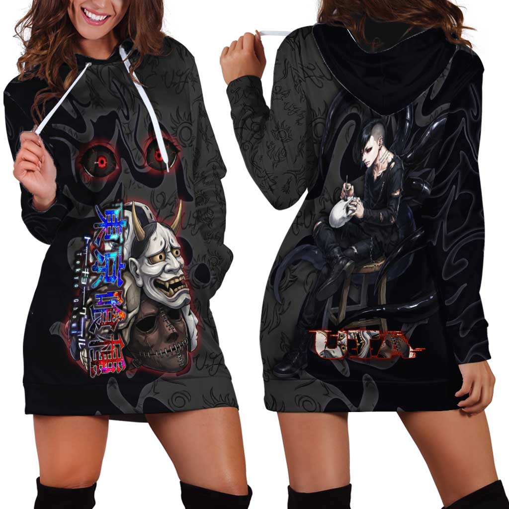 Uta Tokyo Ghoul Hoodie Dress Dark Urban Tattoo Style with Oni Mask Elements