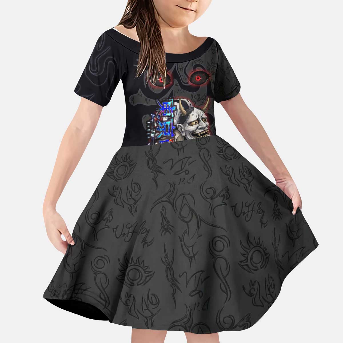 Uta Tokyo Ghoul Kid Short Sleeve Dress Dark Urban Tattoo Style with Oni Mask Elements