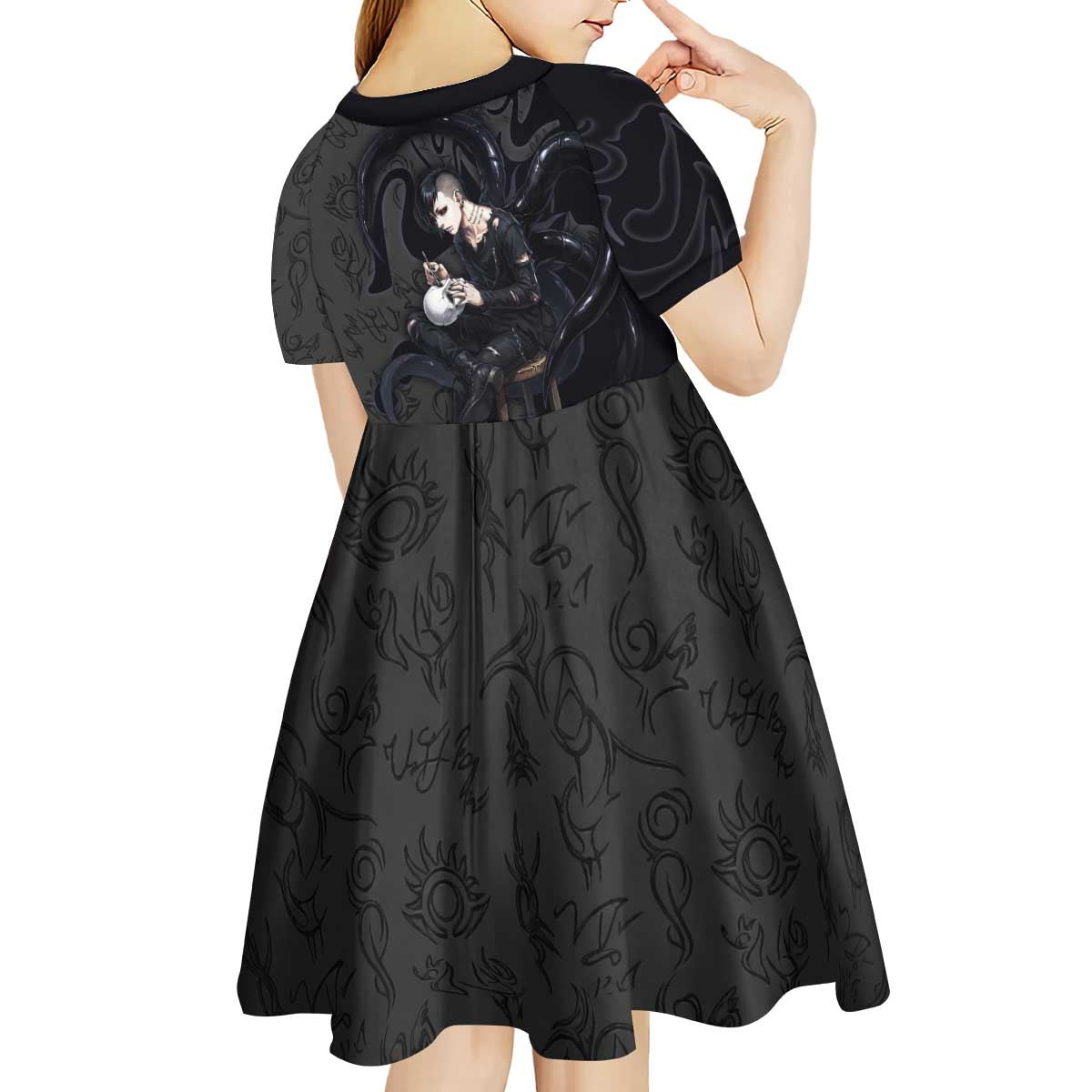 Uta Tokyo Ghoul Kid Short Sleeve Dress Dark Urban Tattoo Style with Oni Mask Elements