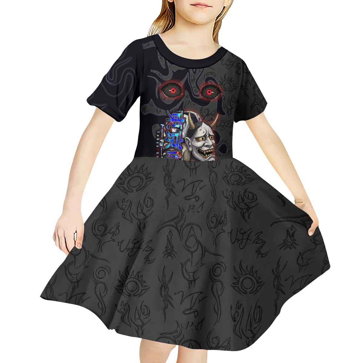 Uta Tokyo Ghoul Kid Short Sleeve Dress Dark Urban Tattoo Style with Oni Mask Elements