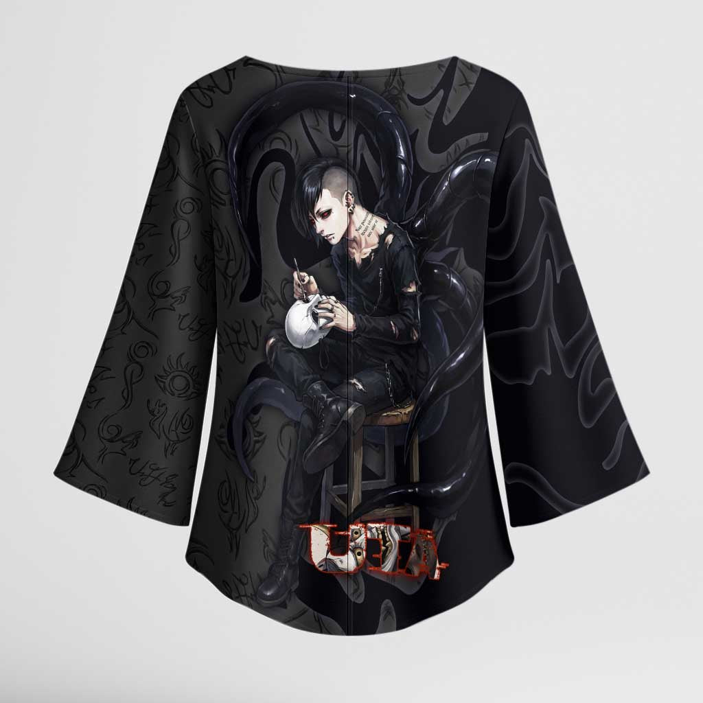 Uta Tokyo Ghoul Kimono Sleeve Blouse Dark Urban Tattoo Style with Oni Mask Elements