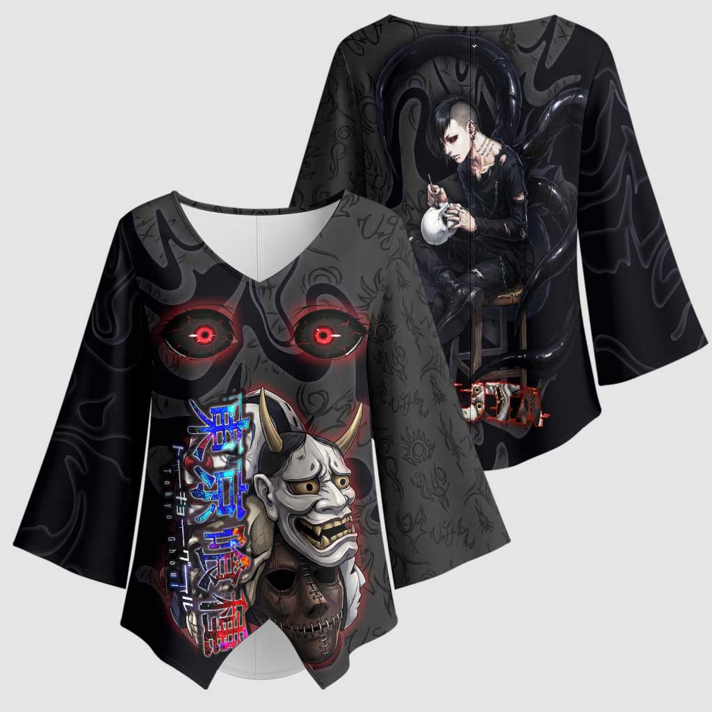 Uta Tokyo Ghoul Kimono Sleeve Blouse Dark Urban Tattoo Style with Oni Mask Elements