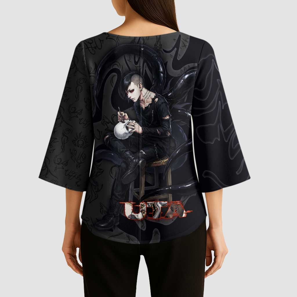 Uta Tokyo Ghoul Kimono Sleeve Blouse Dark Urban Tattoo Style with Oni Mask Elements