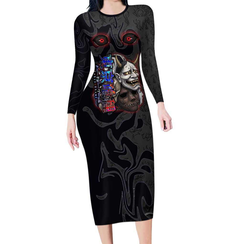 Uta Tokyo Ghoul Long Sleeve Bodycon Dress Dark Urban Tattoo Style with Oni Mask Elements