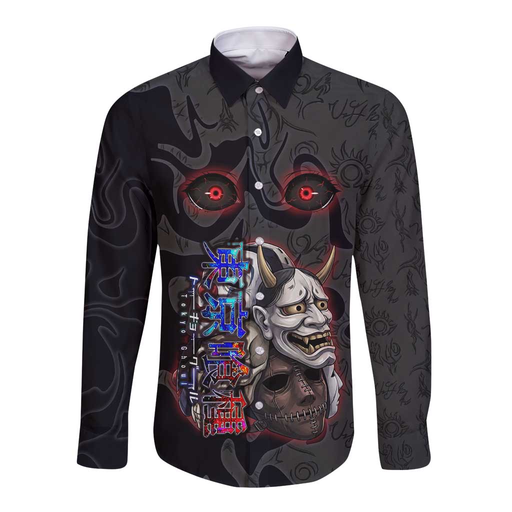 Uta Tokyo Ghoul Long Sleeve Button Shirt Dark Urban Tattoo Style with Oni Mask Elements