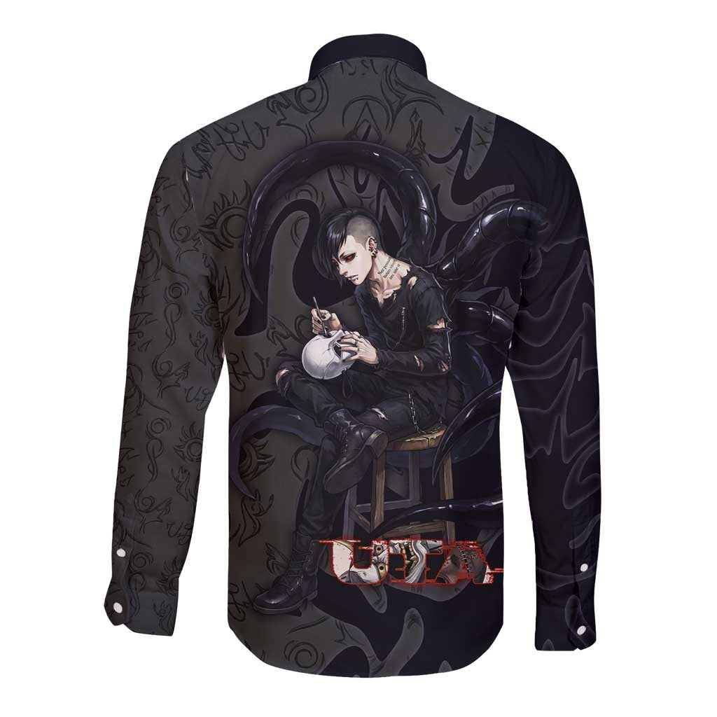 Uta Tokyo Ghoul Long Sleeve Button Shirt Dark Urban Tattoo Style with Oni Mask Elements