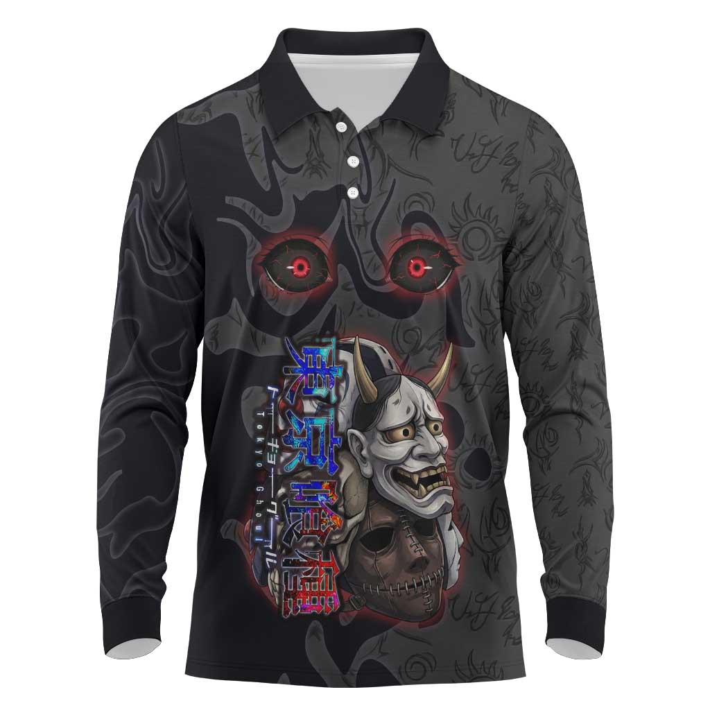 Uta Tokyo Ghoul Long Sleeve Polo Shirt Dark Urban Tattoo Style with Oni Mask Elements