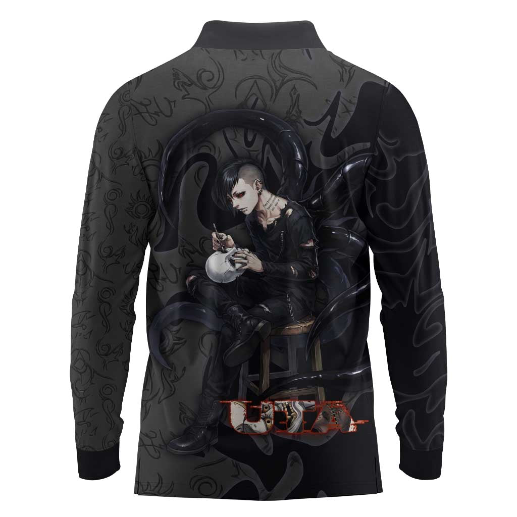 Uta Tokyo Ghoul Long Sleeve Polo Shirt Dark Urban Tattoo Style with Oni Mask Elements