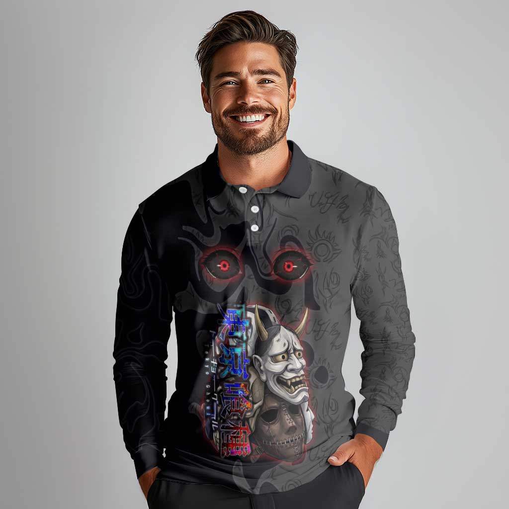 Uta Tokyo Ghoul Long Sleeve Polo Shirt Dark Urban Tattoo Style with Oni Mask Elements