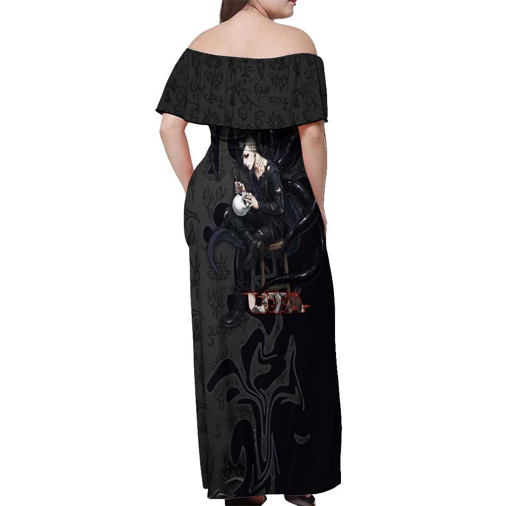 Uta Tokyo Ghoul Off Shoulder Maxi Dress Dark Urban Tattoo Style with Oni Mask Elements
