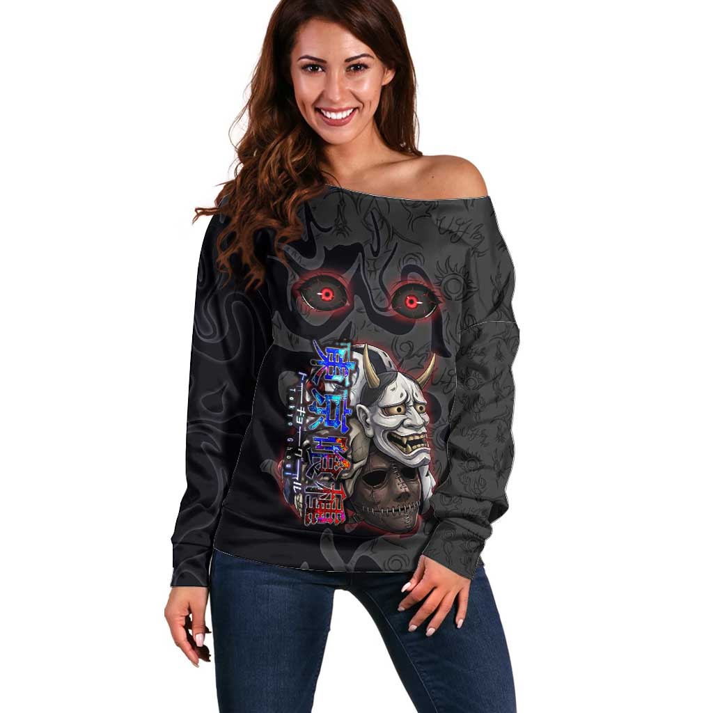 Uta Tokyo Ghoul Off Shoulder Sweater Dark Urban Tattoo Style with Oni Mask Elements