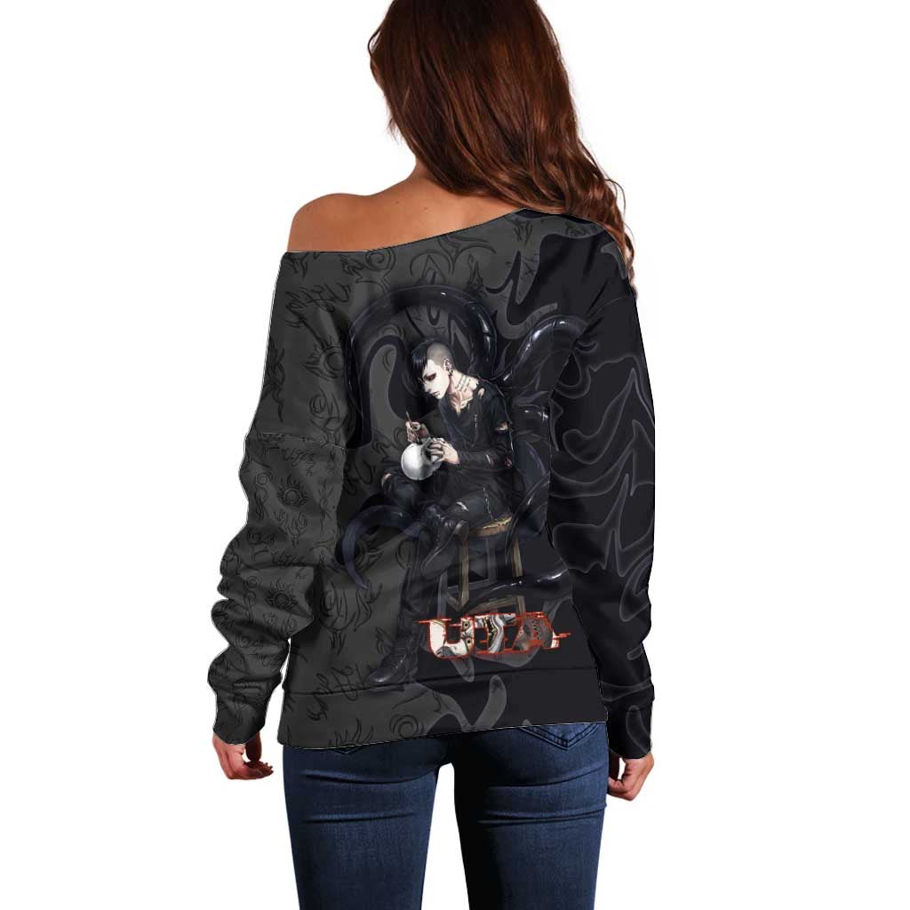 Uta Tokyo Ghoul Off Shoulder Sweater Dark Urban Tattoo Style with Oni Mask Elements