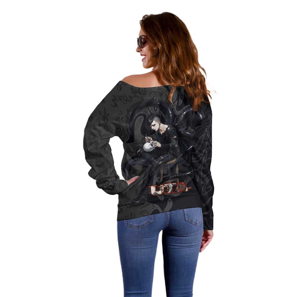 Uta Tokyo Ghoul Off Shoulder Sweater Dark Urban Tattoo Style with Oni Mask Elements