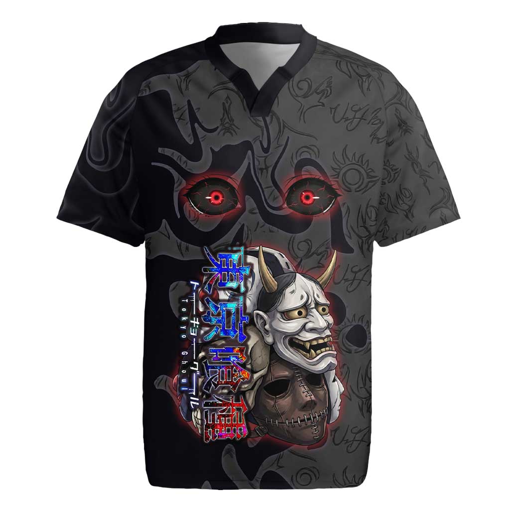 Uta Tokyo Ghoul Rugby Jersey Dark Urban Tattoo Style with Oni Mask Elements