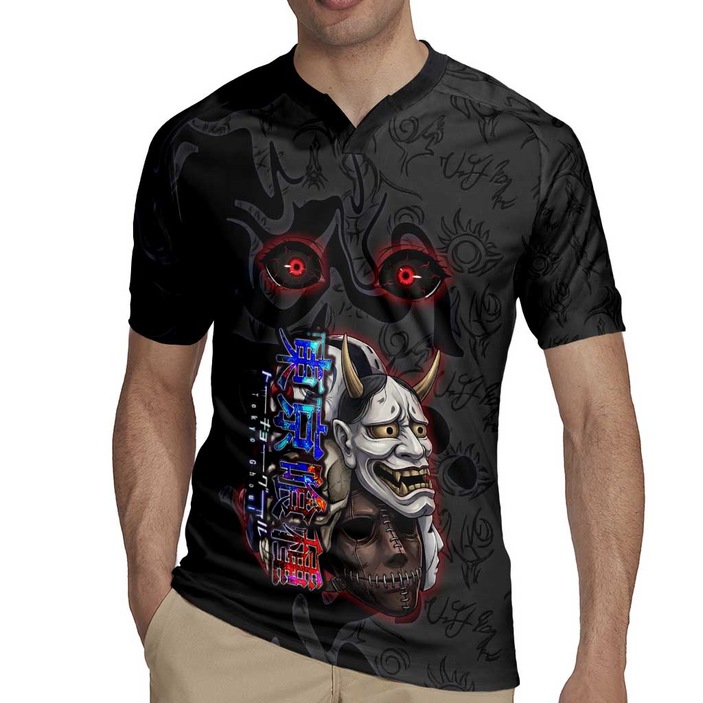 Uta Tokyo Ghoul Rugby Jersey Dark Urban Tattoo Style with Oni Mask Elements