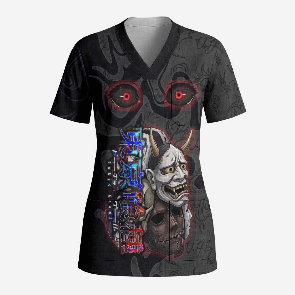 Uta Tokyo Ghoul Scrub Top Dark Urban Tattoo Style with Oni Mask Elements