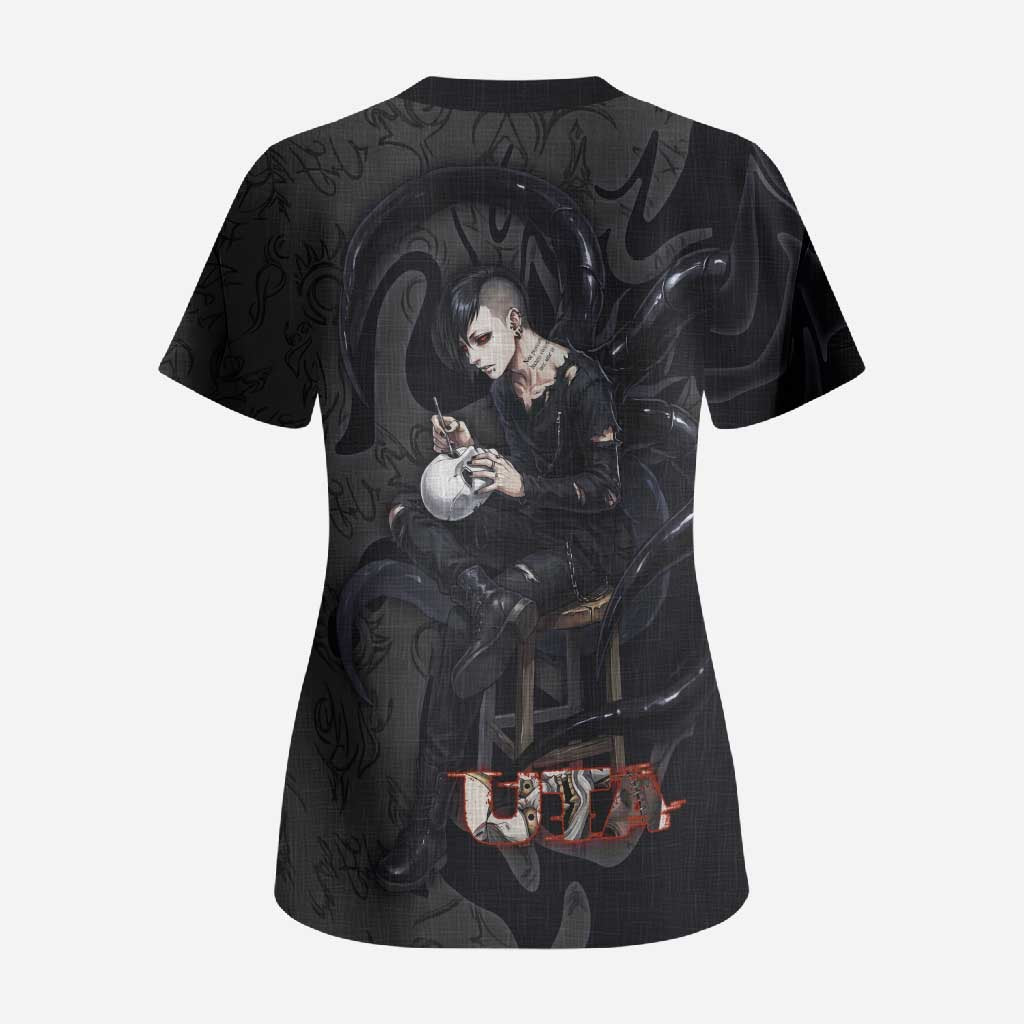 Uta Tokyo Ghoul Scrub Top Dark Urban Tattoo Style with Oni Mask Elements
