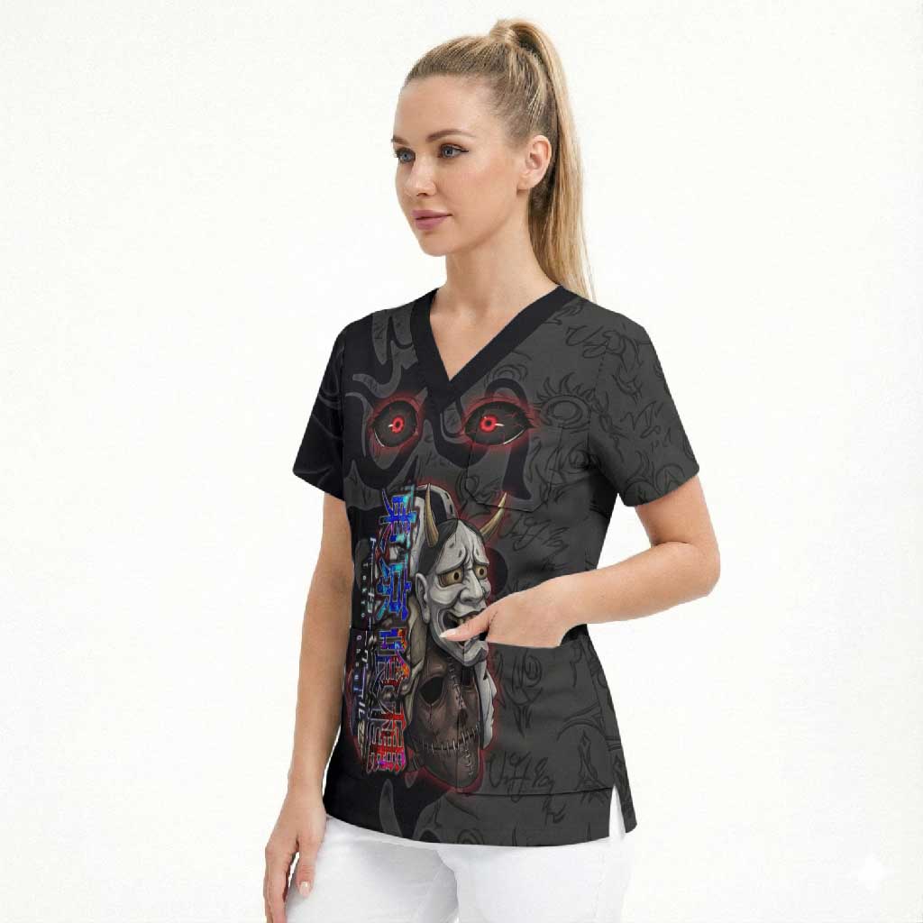 Uta Tokyo Ghoul Scrub Top Dark Urban Tattoo Style with Oni Mask Elements