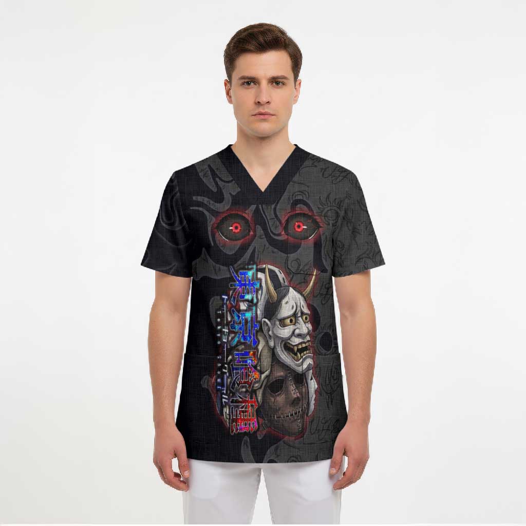 Uta Tokyo Ghoul Scrub Top Dark Urban Tattoo Style with Oni Mask Elements