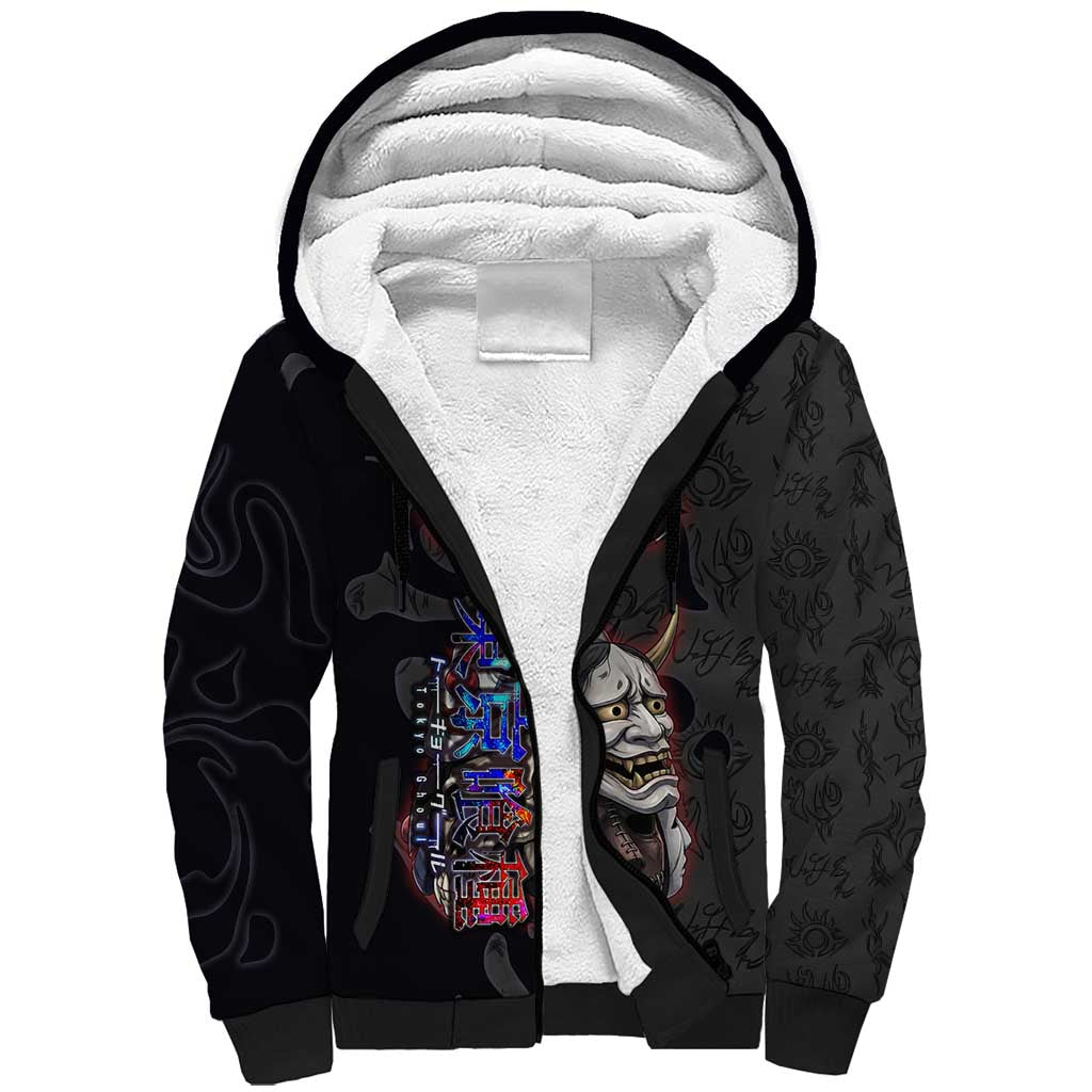 Uta Tokyo Ghoul Sherpa Hoodie Dark Urban Tattoo Style with Oni Mask Elements