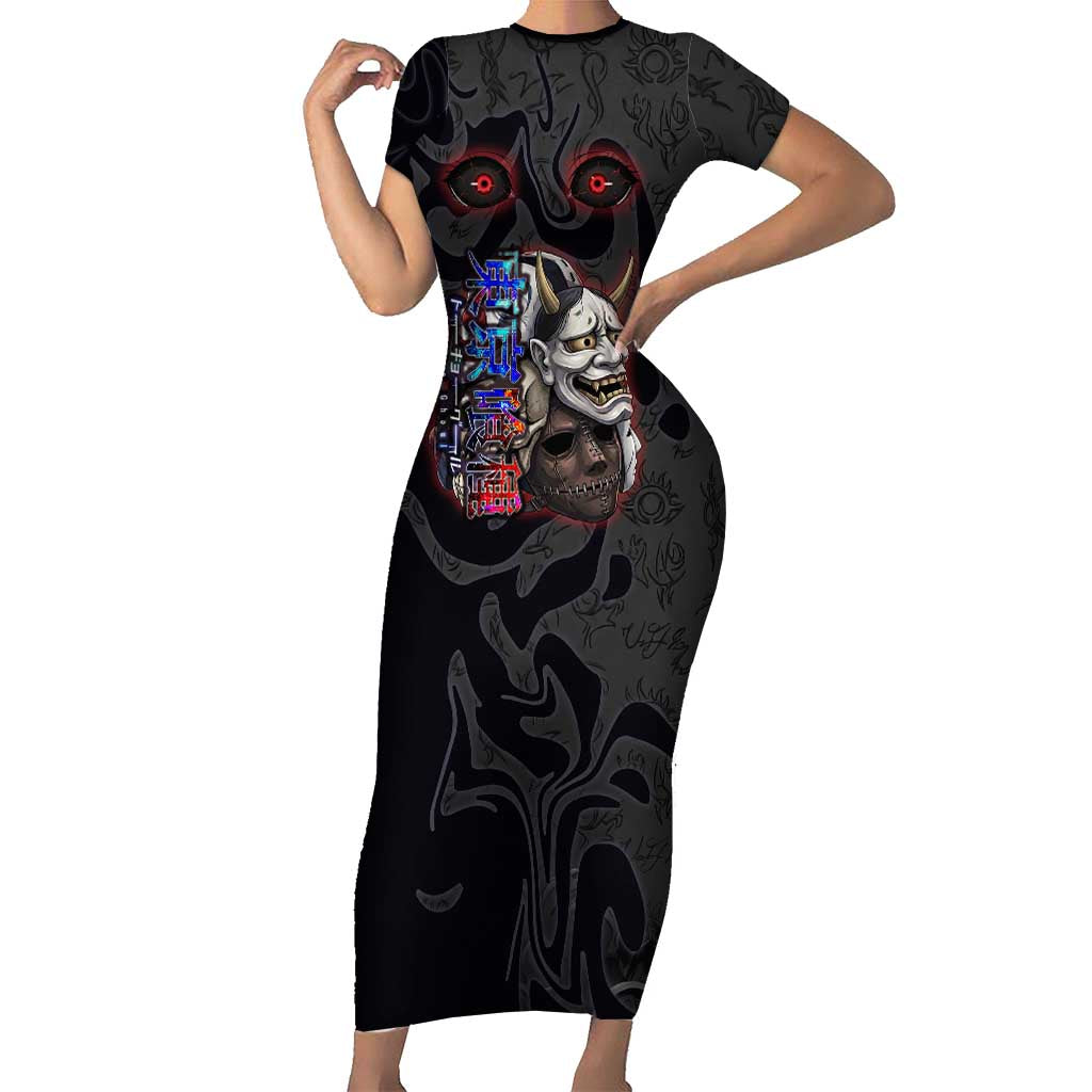 Uta Tokyo Ghoul Short Sleeve Bodycon Dress Dark Urban Tattoo Style with Oni Mask Elements